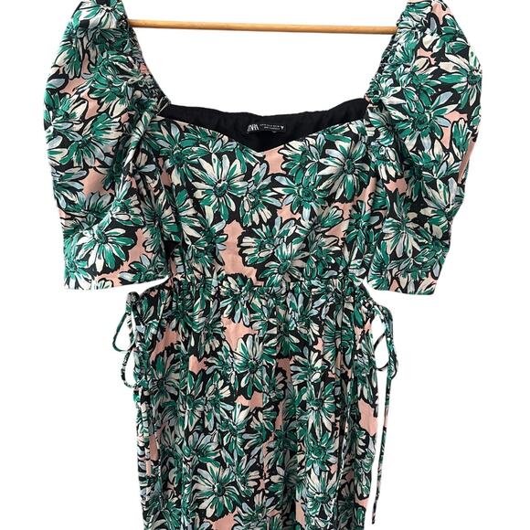 Zara Floral Side Cut-Out Poplin Puff Sleeve Midi Dress Green Pink Size Medium - Picture 11 of 14